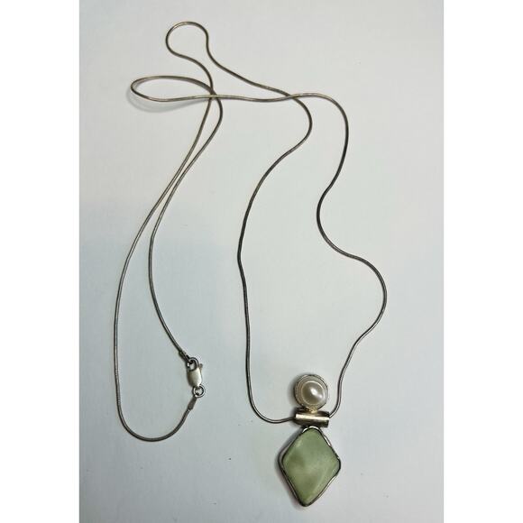 IJC Italy 925 Sterling Green Stone Pearl Pendant Necklace 28” Chain - Picture 7 of 8